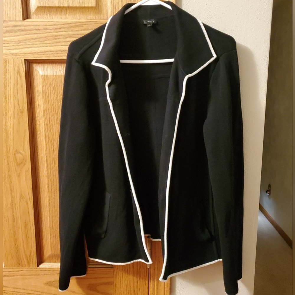 Talbots Women’s Size Large Black With White Trim Cardigan Sweater Front Pockets
